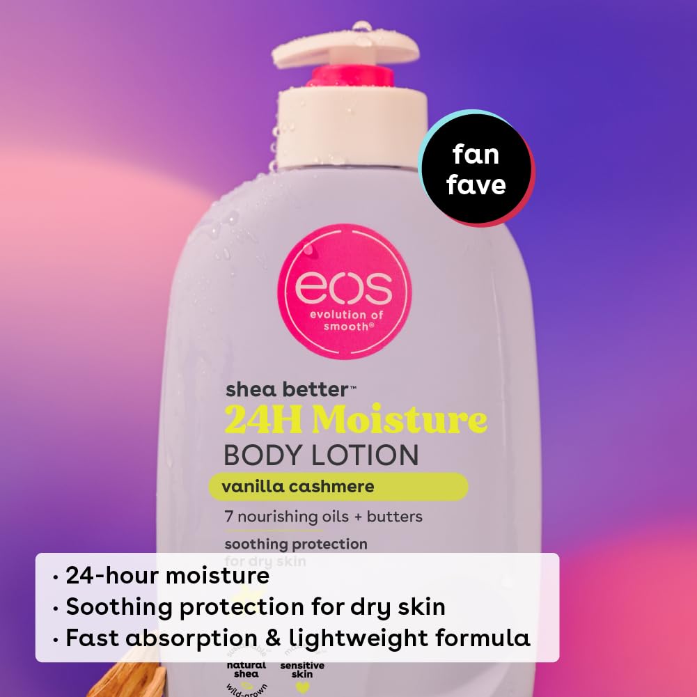 eos Shea Better Body Lotion Vanilla Cashmere, 24-Hour Moisture Skin Care, Lightweight & Non-Greasy, Natural Shea, Vegan, Vanilla Body Lotion, 16 fl oz