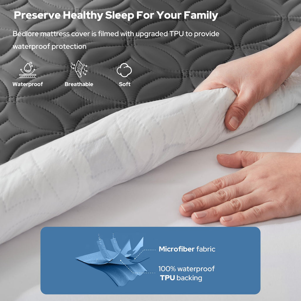 BEDLORE Waterproof Mattress Protector, Queen Size Mattress Pad Noiseless with Deep Pocket 6"-18" Depth, Soft Breathable Dirt-Proof Bed Mattress Cover Washable for Home, Bedroom, Hotel (Gray)