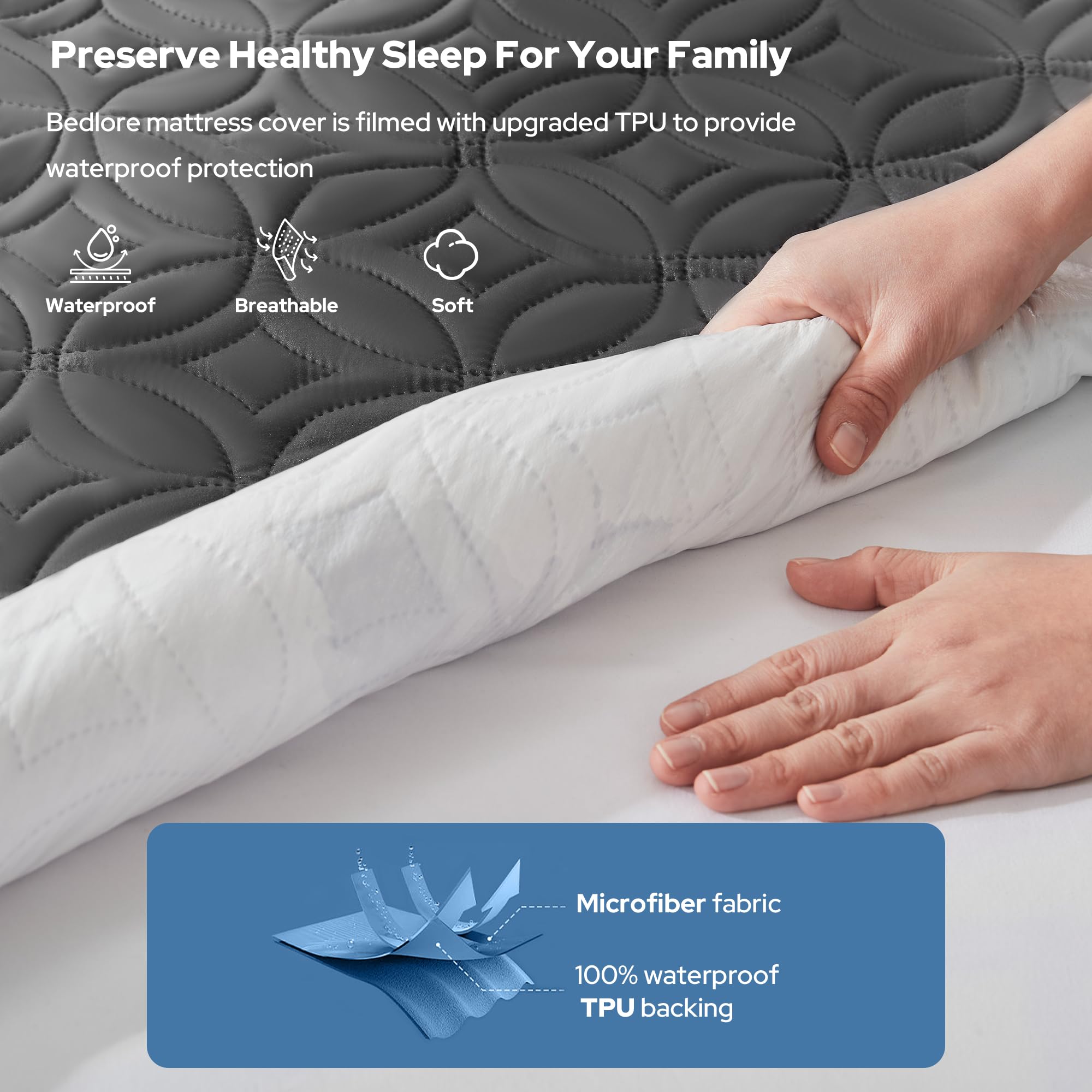 BEDLORE Waterproof Mattress Protector, Queen Size Mattress Pad Noiseless with Deep Pocket 6"-18" Depth, Soft Breathable Dirt-Proof Bed Mattress Cover Washable for Home, Bedroom, Hotel (Gray)