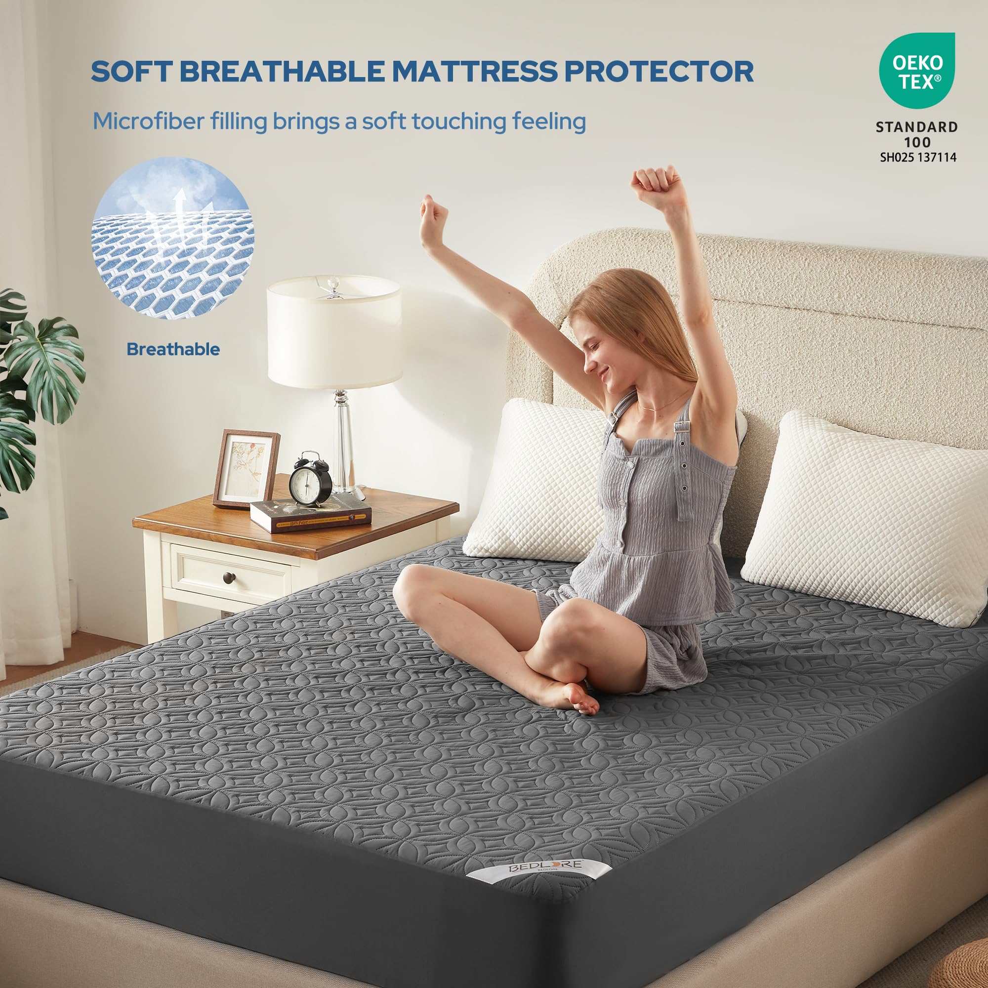 BEDLORE Waterproof Mattress Protector, Queen Size Mattress Pad Noiseless with Deep Pocket 6"-18" Depth, Soft Breathable Dirt-Proof Bed Mattress Cover Washable for Home, Bedroom, Hotel (Gray)