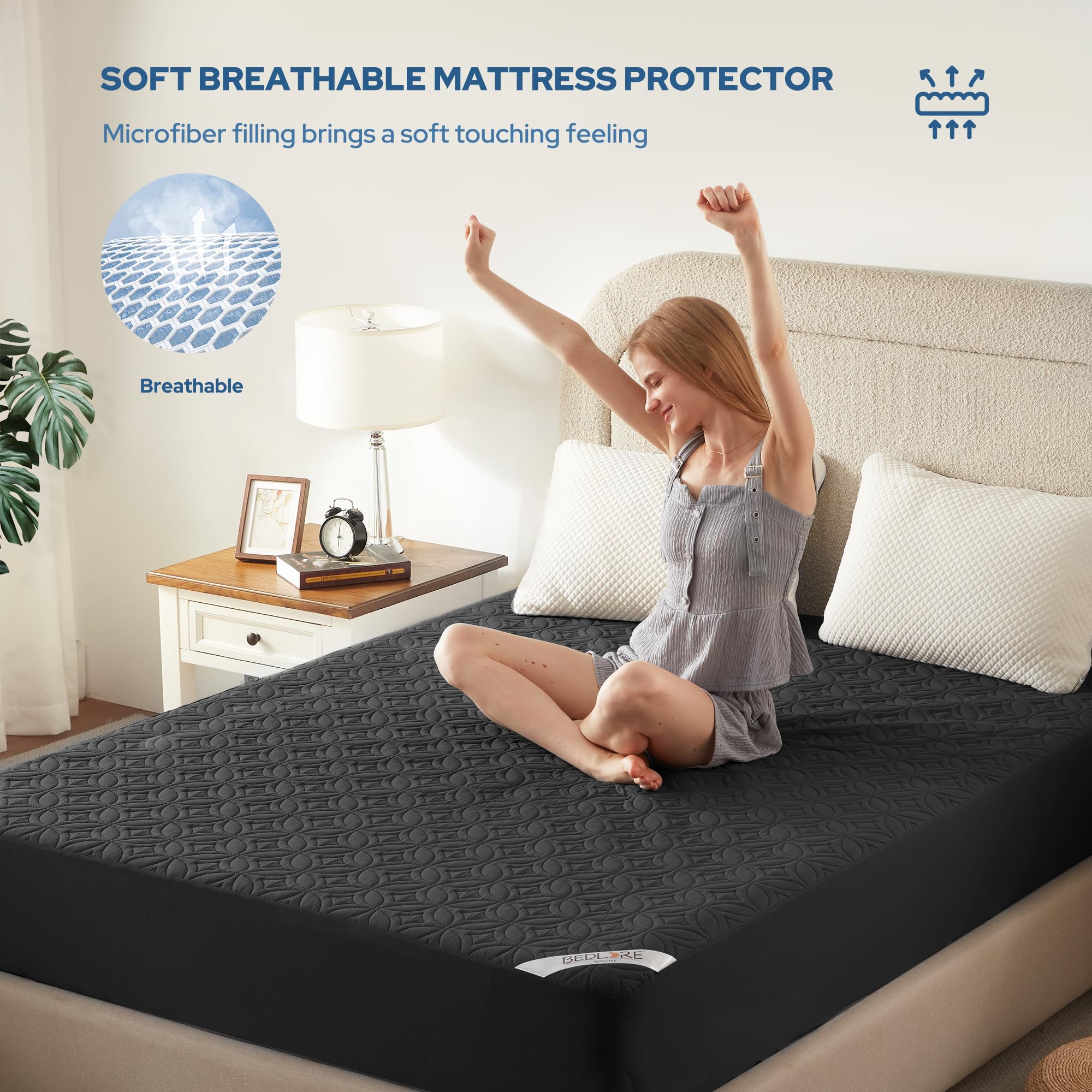 BEDLORE Waterproof Mattress Protector, Queen Size Mattress Pad Noiseless with Deep Pocket 6"-18" Depth, Soft Breathable Dirt-Proof Bed Mattress Cover Washable for Home, Bedroom, Hotel (Gray)