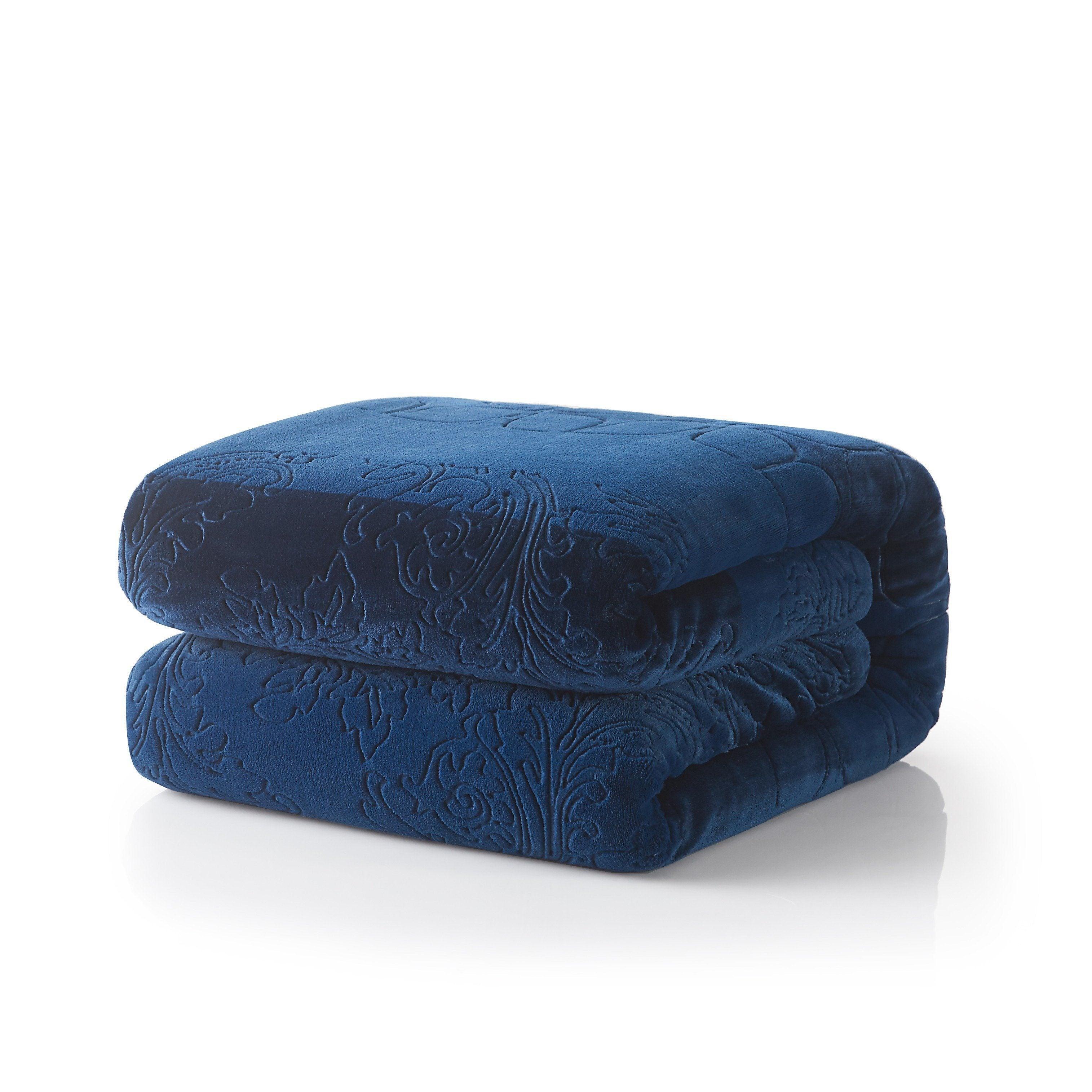 Tache Solid Embossed Cozy Night Blue Sherpa Throw Blanket