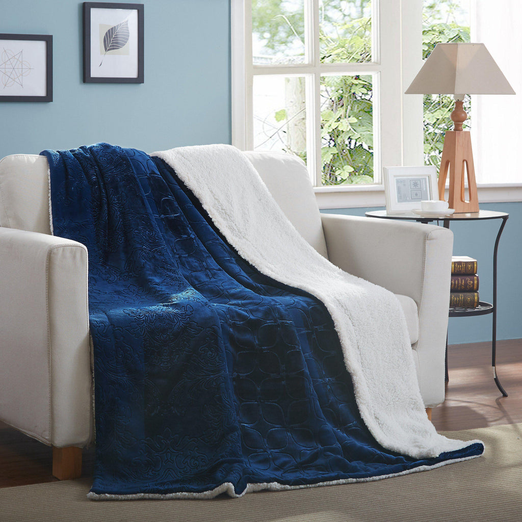 Tache Solid Embossed Cozy Night Blue Sherpa Throw Blanket