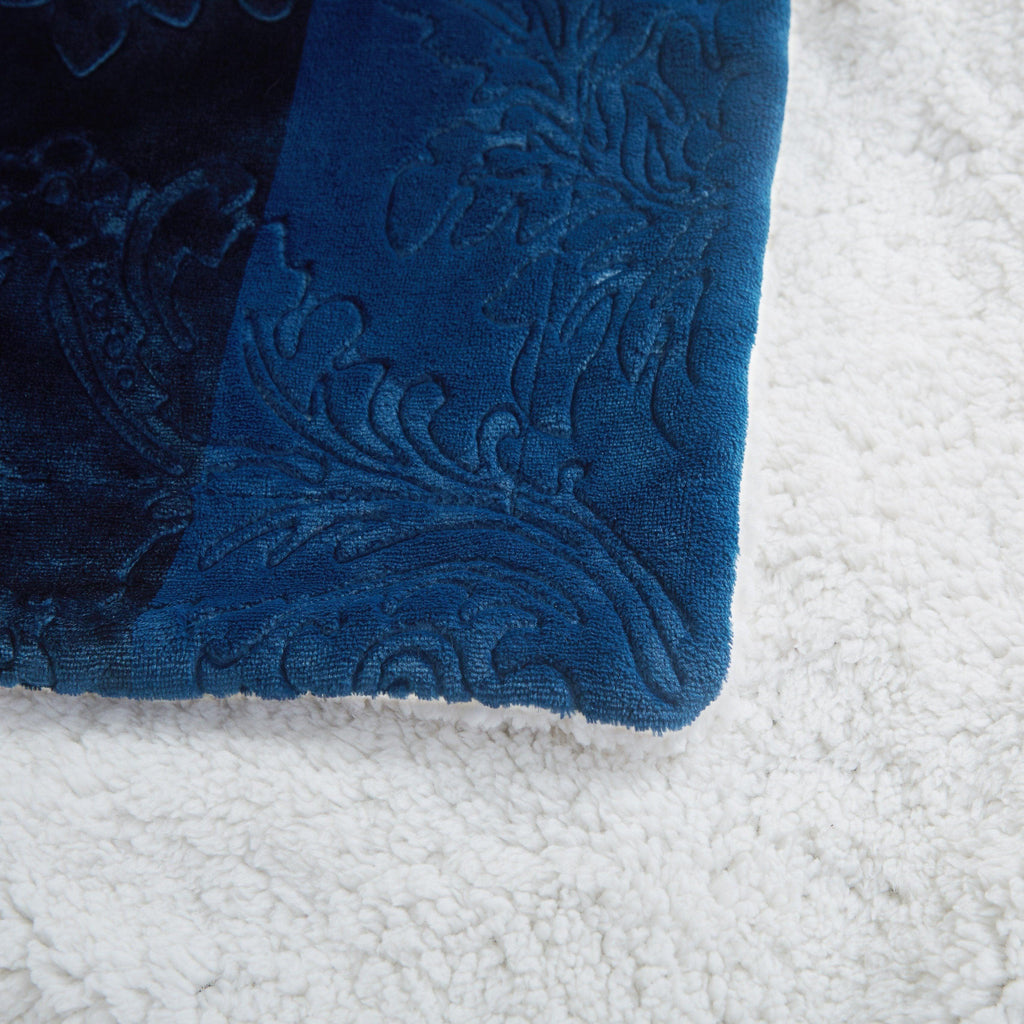 Tache Solid Embossed Cozy Night Blue Sherpa Throw Blanket