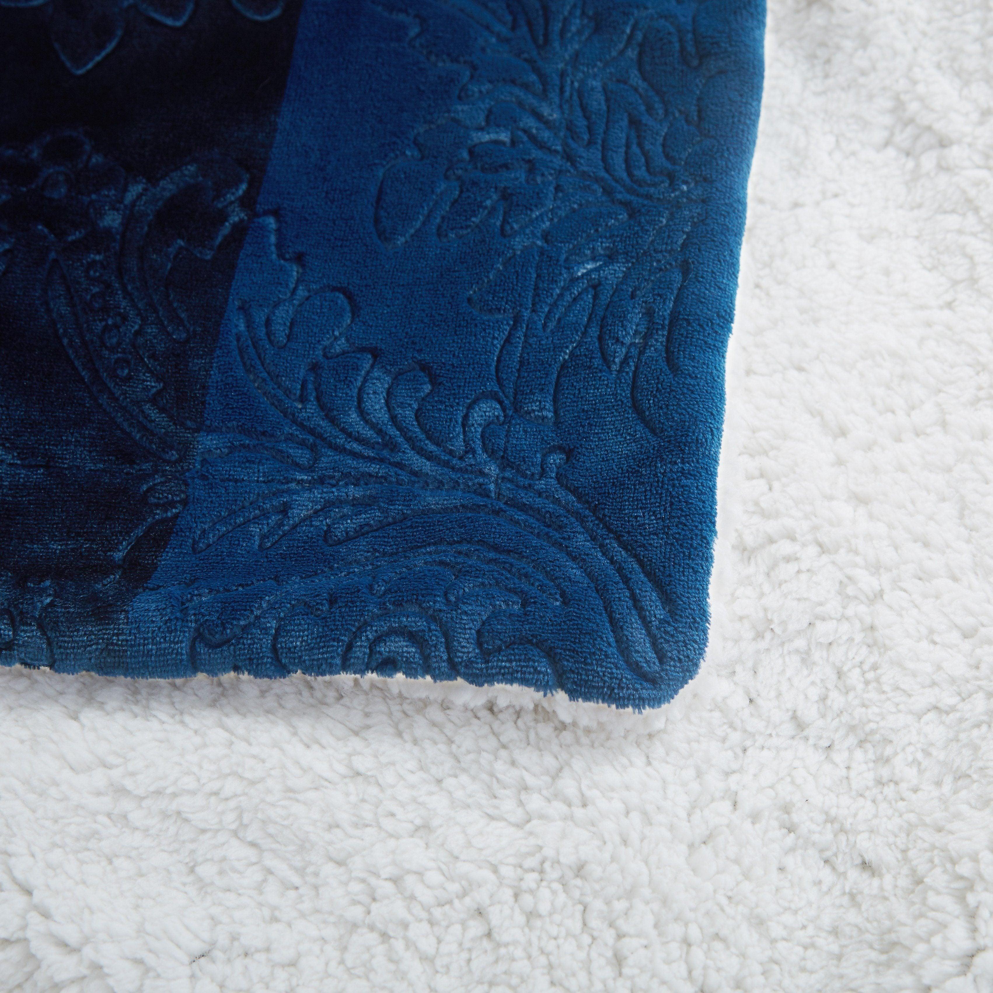 Tache Solid Embossed Cozy Night Blue Sherpa Throw Blanket